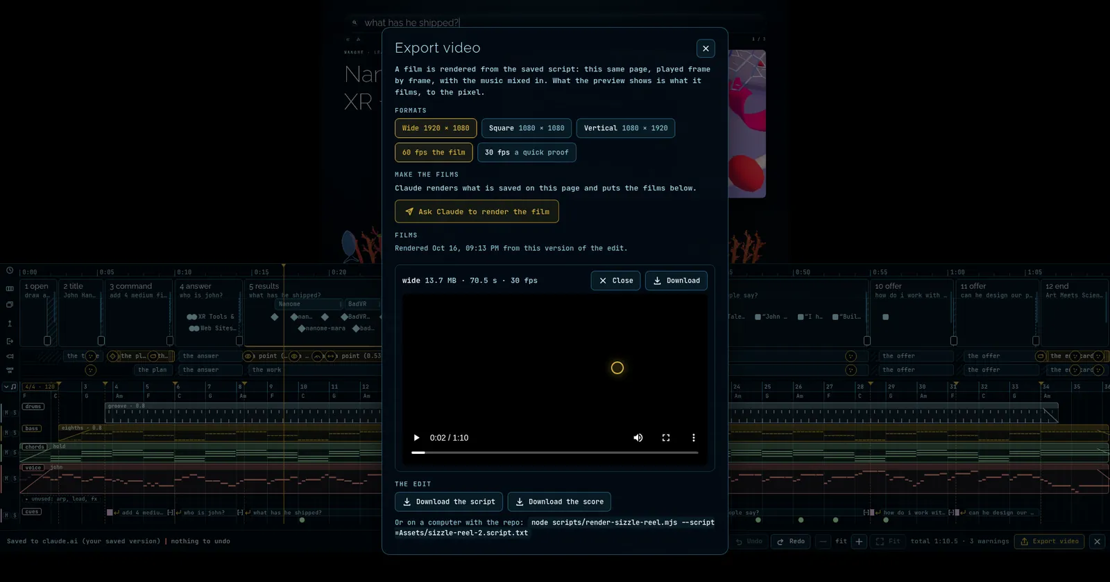Export panel with the rendered film