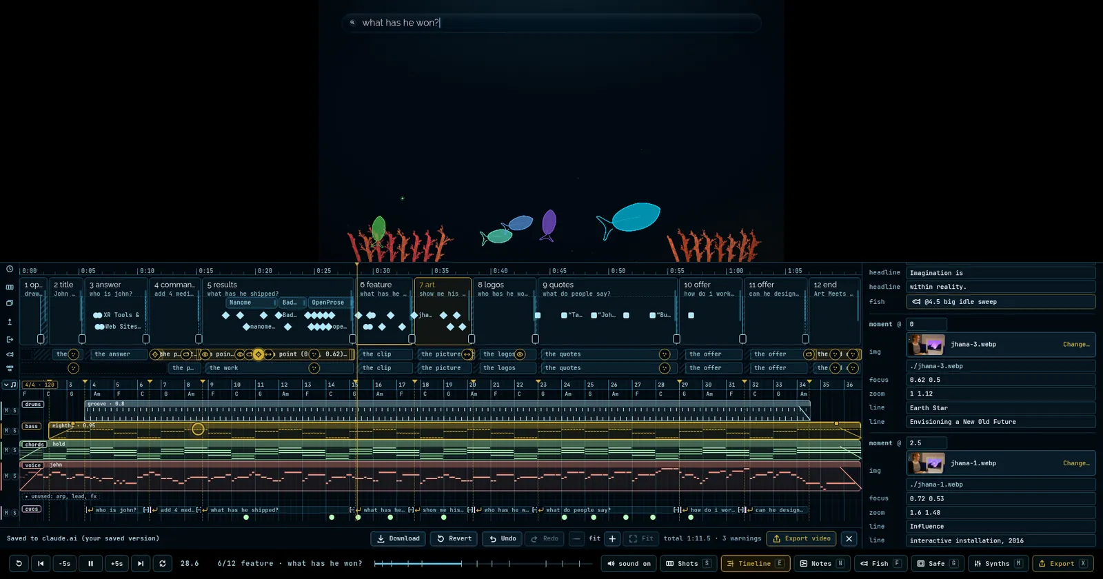 Timeline with scene cards, fish lanes and music lanes
