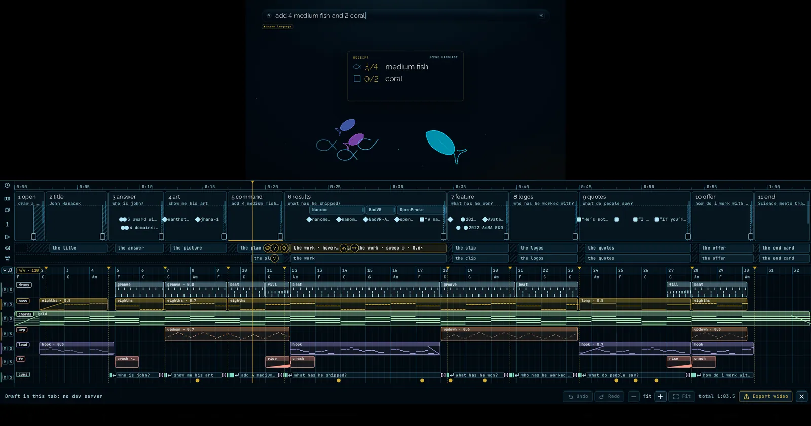 The timeline with music lanes and clips